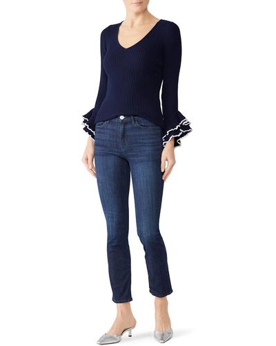 MILLY Contrast Ruffle Sleeve Sweater - Blue
