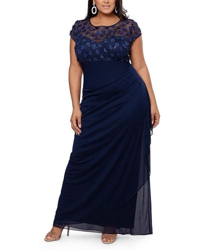 Xscape Plus Floral Gathered Evening Dress - Blue