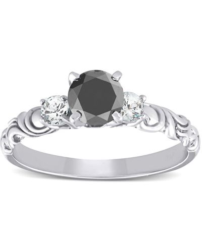 Pompeii3 1 1/14 Ct Black Diamond Three Stone Vintage Engagement Ring - Metallic