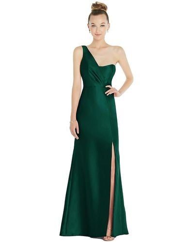 Alfred Sung Draped One-shoulder Satin Trumpet Gown With Front Slit - Green