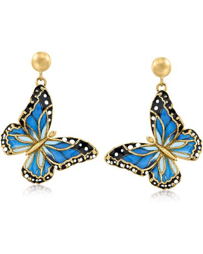 Ross-Simons Italian Multicolored Enamel Butterfly Drop Earrings - Blue