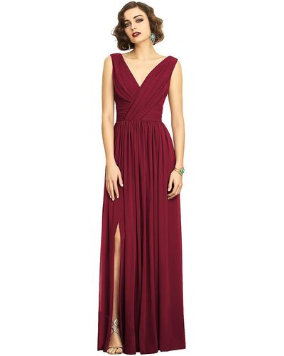 Dessy Collection Sleeveless Draped Chiffon Maxi Dress With Front Slit - Red
