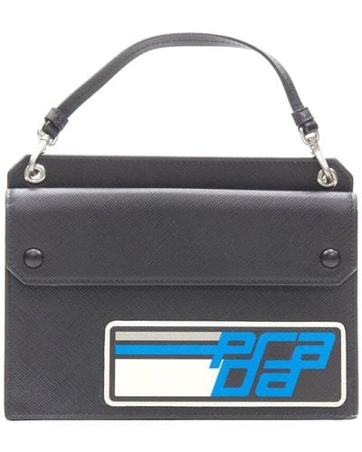 Prada Racing Graphic Logo Black Saffiano Flap Front Pocket Flat Top Handle Bag - Blue