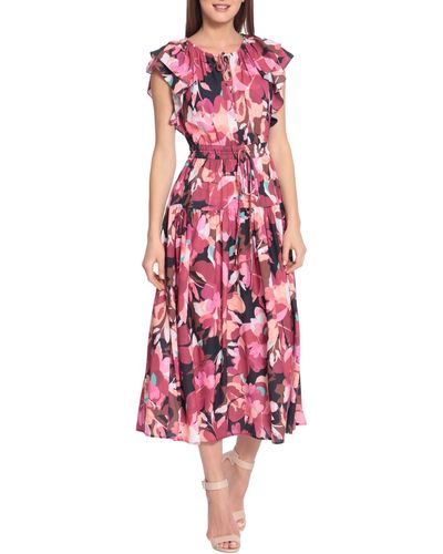 Maggy London Floral Pleated Midi Dress - Red