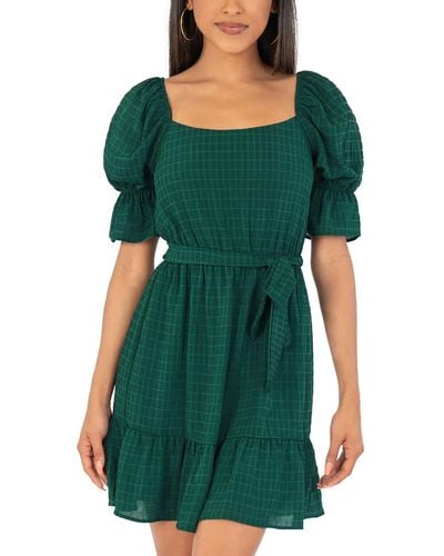Speechless Shadow Pane Square Neck Fit & Flare Dress - Green