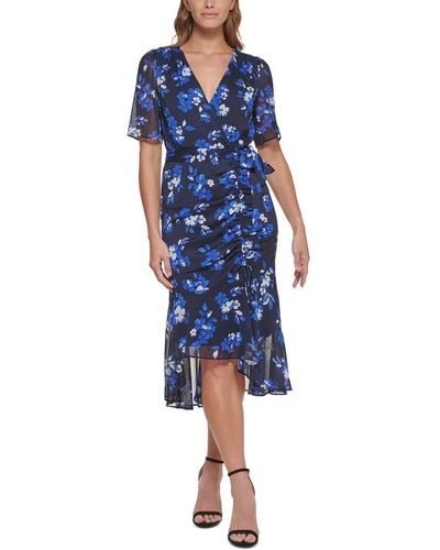 DKNY High Low Floral Print Midi Dress - Blue