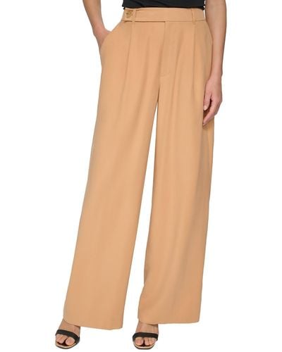 DKNY High Rise Pleated Wide Leg Pants - Natural