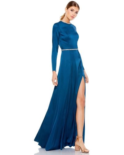 Ieena for Mac Duggal Long Sleeve Jewel Trimmed Charmeuse Gown - Blue