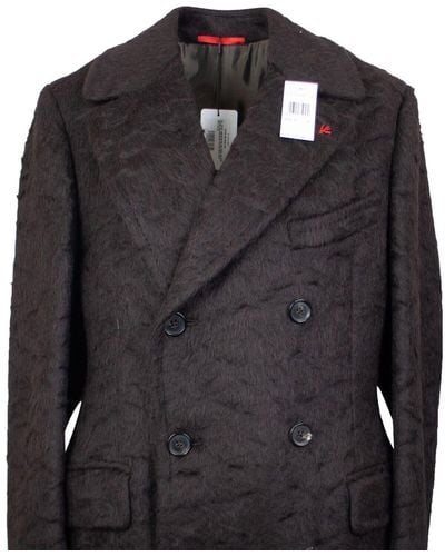 Isaia Dark Shearling Texture With Back Vent Coat - Black