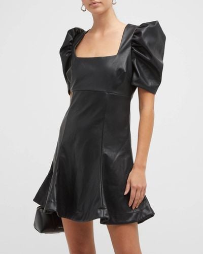 Likely Alia Faux-leather Puff-sleeve Mini Dress - Black