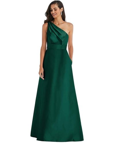 Alfred Sung Draped One-shoulder Satin Maxi Dress With Pockets - Green