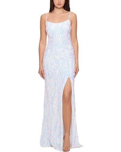 Betsy & Adam Sequined Long Evening Dress - White