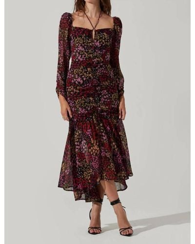 Astr Athena Floral Ruched Long Sleeve Midi Dress - Brown