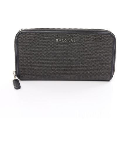 BVLGARI Round Zipper Long Wallet Logo Pvc Leather - Black