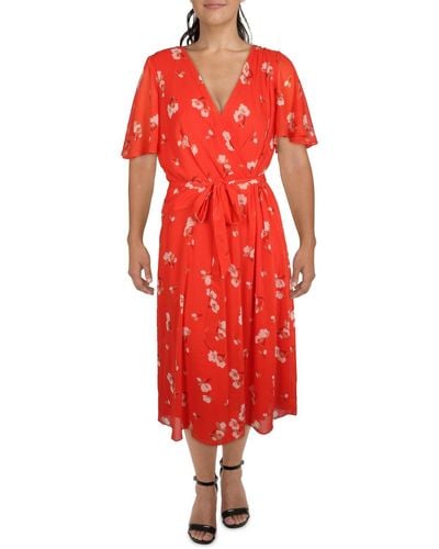 Lauren by Ralph Lauren Plus V-neck Tea Wrap Dress - Red