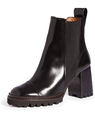 See By Chloé Mallory Rubber Lug Sole Elastic Gores Leather Ankle Boots - Black