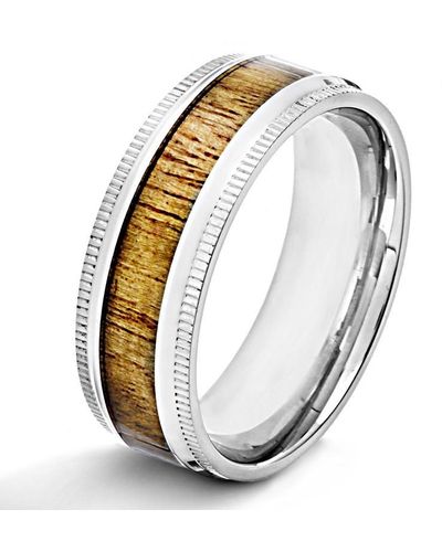 Crucible Jewelry Crucible Los Angeles Stainless Steeel High Polished Wood Inlay Ridged Edge Ring - Metallic