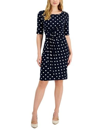 Connected Apparel Petites Polka Dot Ruched Sheath Dress - Blue