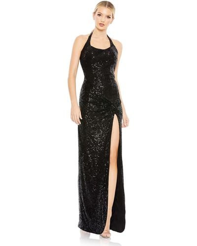 Mac Duggal Sequined Halter Strap Low Side Knot Gown - Black