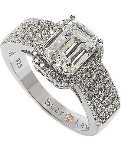 Suzy Levian White Sterling Emerald-cut White Cubic Zirconia Halo Ring - Metallic
