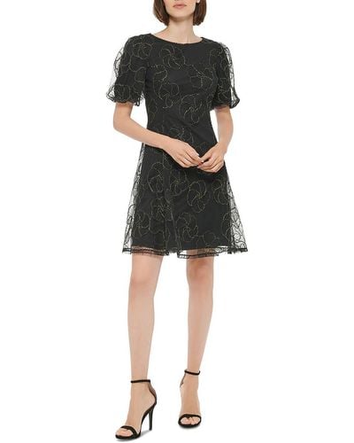DKNY Embroidered Mesh Fit & Flare Dress - Black