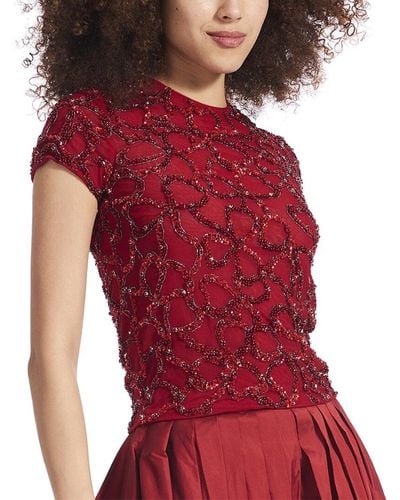 EMILY SHALANT Crystal Loopy Bow Hand Beaded Top - Red