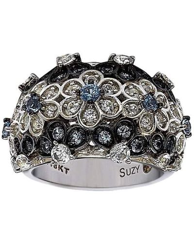 Suzy Levian Sterling Silver And 18k Gold Cubic Zirconia And Diamond Flower Ring - Black