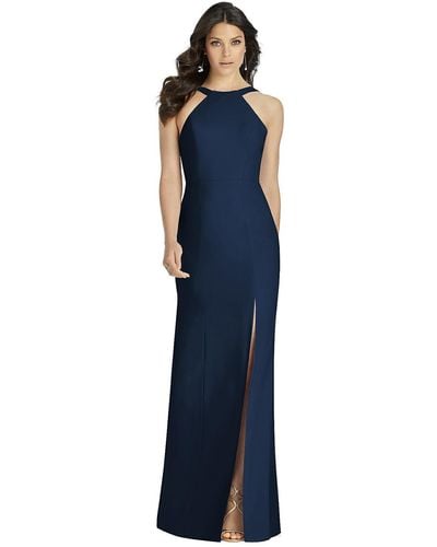 Dessy Collection High-neck Backless Crepe Trumpet Gown - Blue
