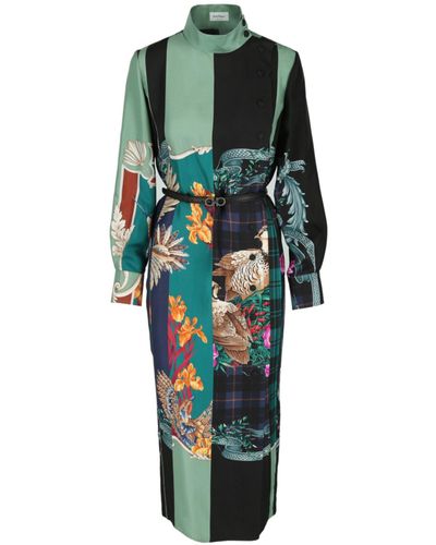 Ferragamo Mandarin Collar Maxi Silk Dress - Green