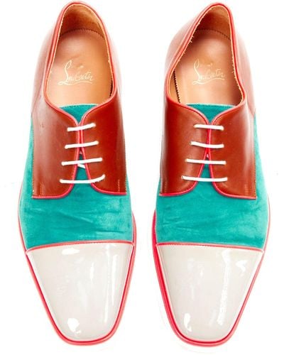 Christian Louboutin Green Suede Neon Piping Brown Brogues - Red