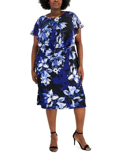 Connected Apparel Plus Floral Print Mid Calf Midi Dress - Blue