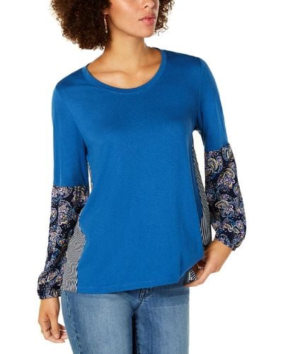 Style & Co. Printed Crew Neck Pullover Top - Blue