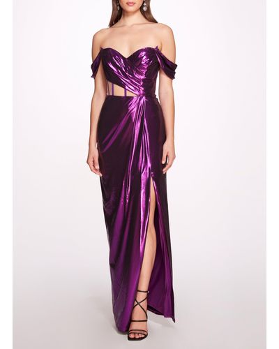 Marchesa Off Shoulder Lamé Gown With Draped Bodice - Purple