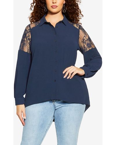 City Chic Plus Lace Polyester Button-down Top - Blue