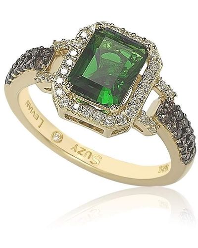 Suzy Levian Golden Sterling Silver Emerald-cut Green And Cubic Zirconia Halo Ring - Brown