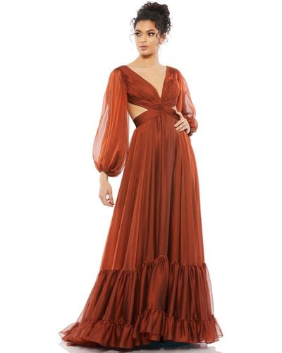 Mac Duggal Pleated Cut Out Long Sleeve Lace Up Tiered Gown