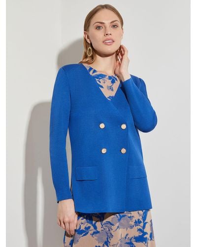 Misook Double Breasted Open Neck Knit Jacket - Blue