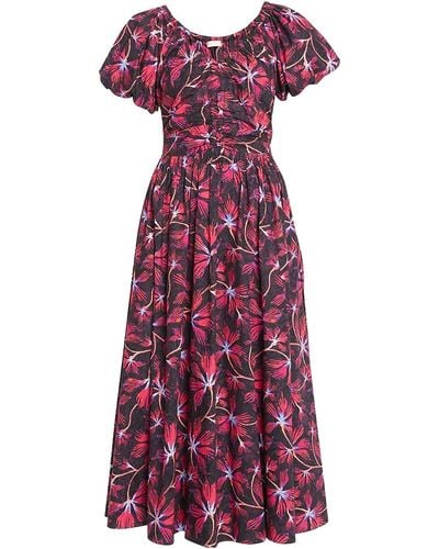 Ulla Johnson Cecile Short Puff Sleeves Ruched Midi Dress Zinnia Red - Purple