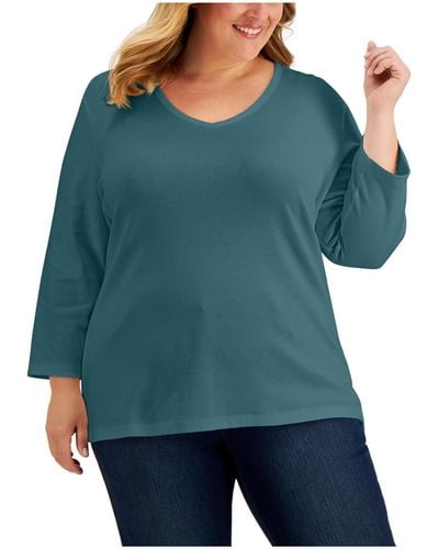 Karen Scott Plus V Neck Long Sleeve Pullover Top - Green