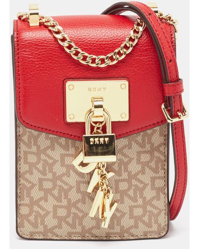 DKNY /beige Monogram Coated Canvas And Leather Elissa North South Crossbody Bag - Red