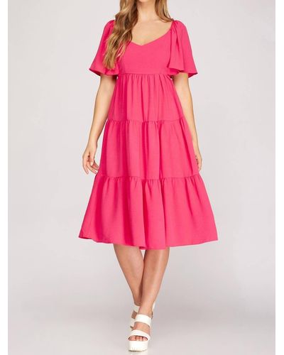 She + Sky Flounce Sleeve Dress - Pink