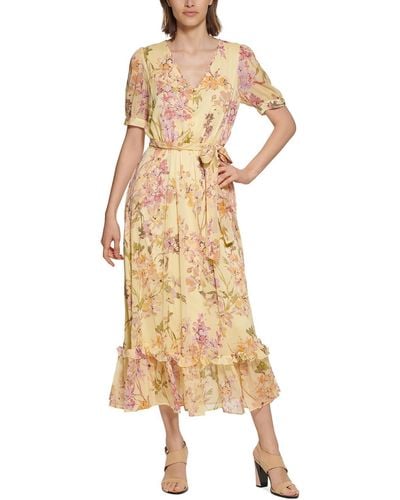 Calvin Klein Floral Print Tea Length Maxi Dress - Natural