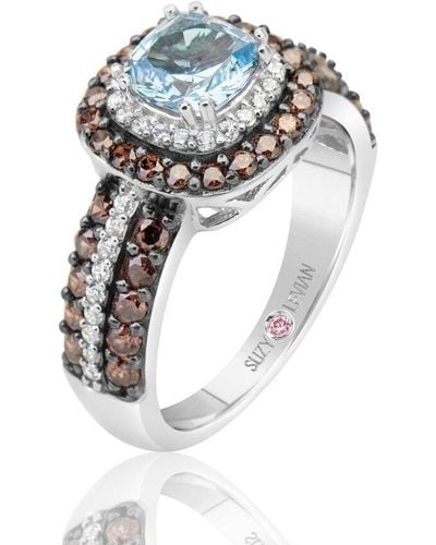 Suzy Levian Sterling Silver Cushion Cut Cubic Zirconia Aquamarine & Brown Cubic Zirconia Engagement Ring - White