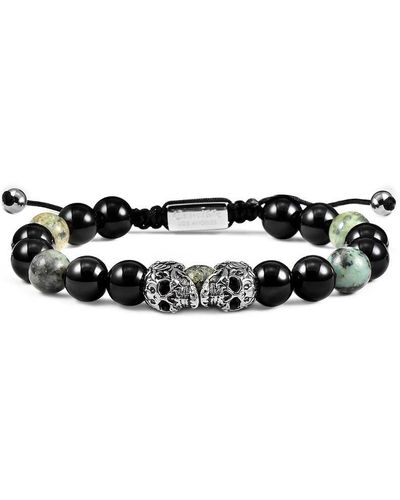 Crucible Jewelry Crucible Los Angeles Double Skull Adjustable Bracelet With Genuine African Turquoise And Onyx Beads - Black
