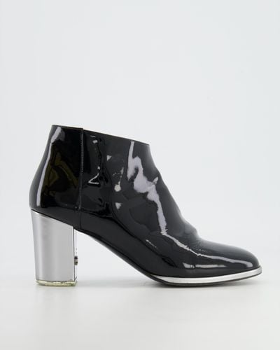 Chanel Patent And Silver Heeled Boots With Cc Logo - Black