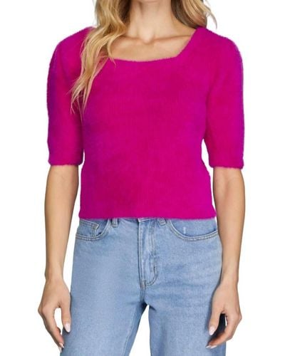 She + Sky Short Sleeve Square Neck Fuzzy Sweater - Purple