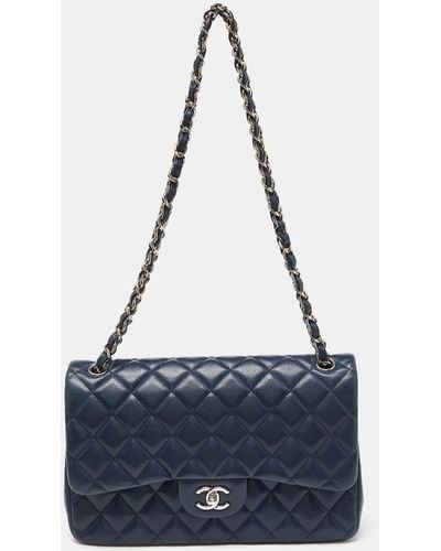 Chanel Quilted Caviar Leather Jumbo Classic Double Flap Bag - Blue