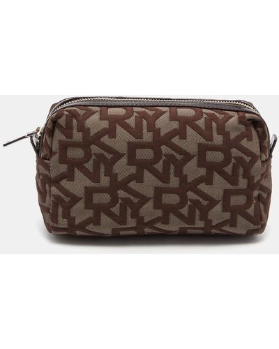 DKNY /beige Signature Canvas And Patent Leather Pouch - Brown