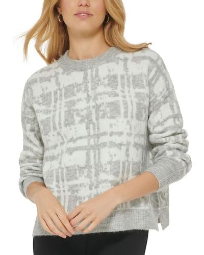 DKNY Printed Ribbed Trim Pullover Sweater - Gray