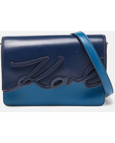 Karl Lagerfeld Two Tone Leather K/ikonik Shoulder Bag - Blue
